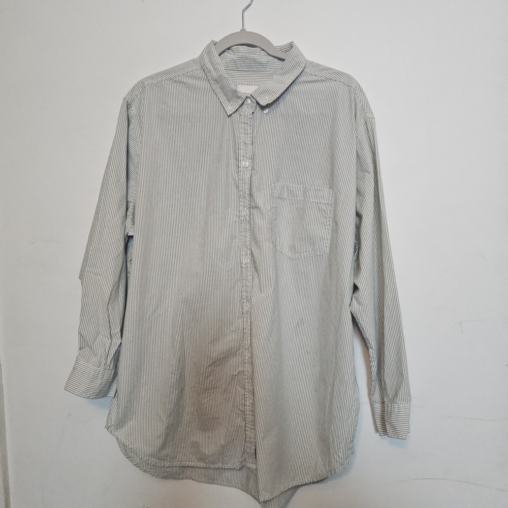 American Eagle Oversized Striped Sage Green Button up Shirt Large Resort Cotton - Picture 2 of 11